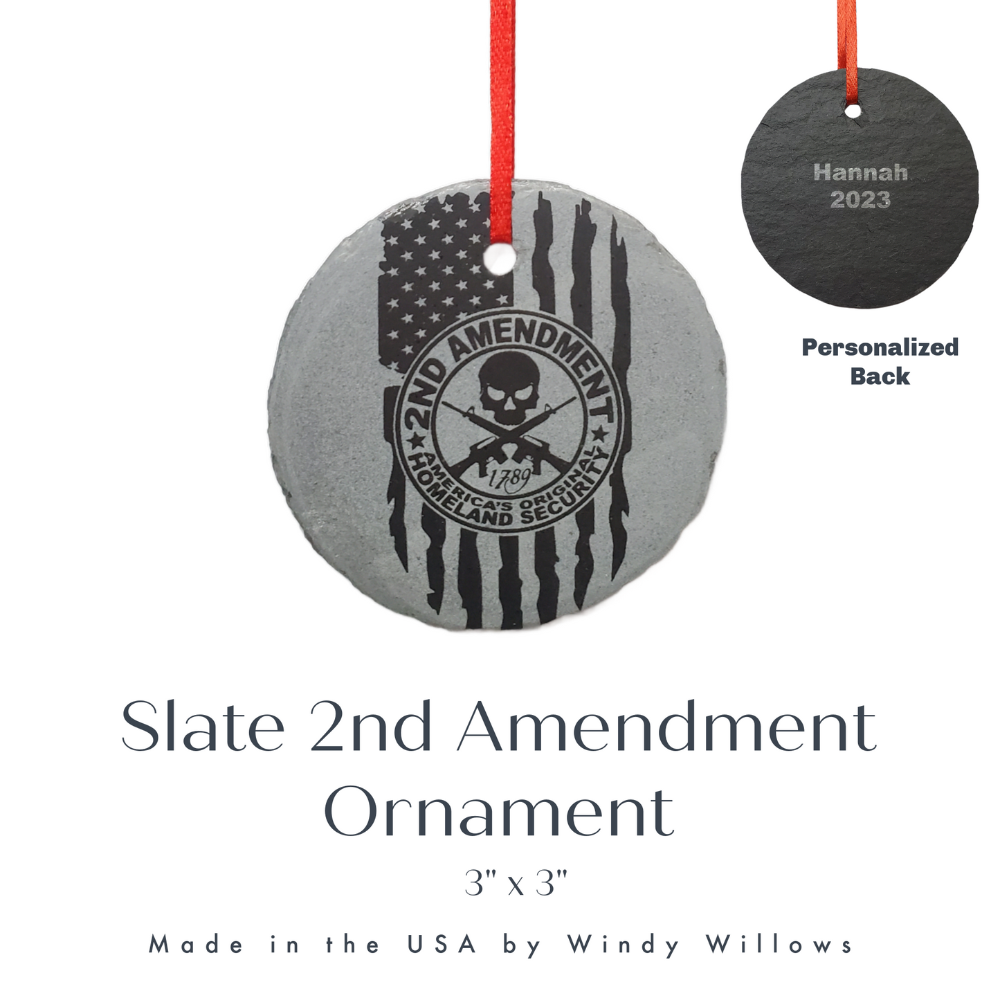 USA Patriotic 2nd Amendment Ornament | 3" 2A Ornament | Rustic Slate Christmas | Army Navy Marines Air Force Notional Guard