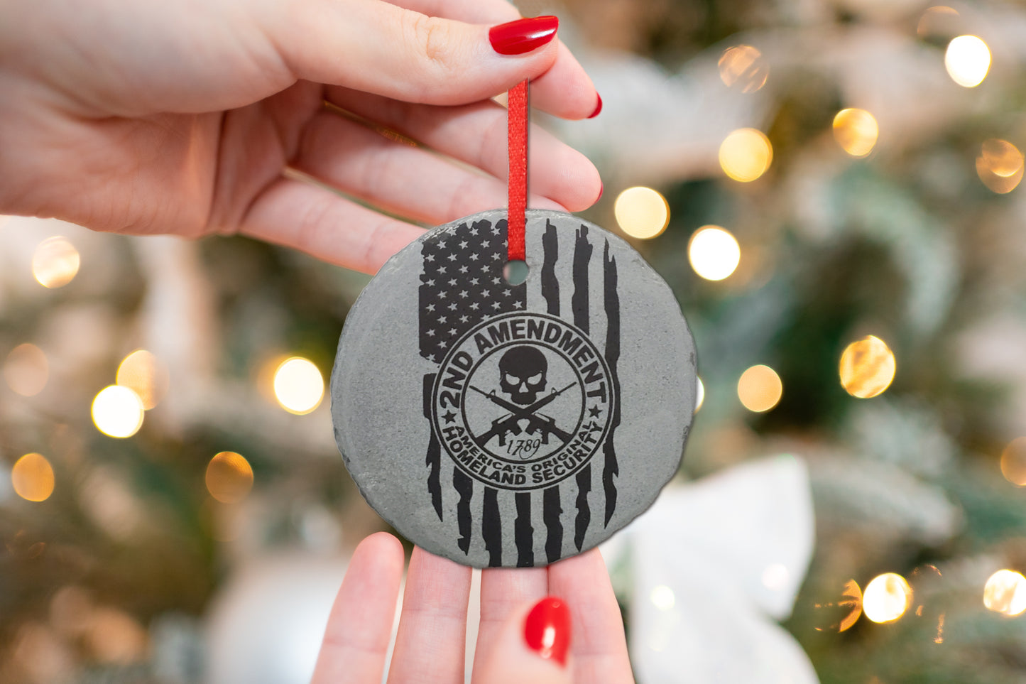 USA Patriotic 2nd Amendment Ornament | 3" 2A Ornament | Rustic Slate Christmas | Army Navy Marines Air Force Notional Guard