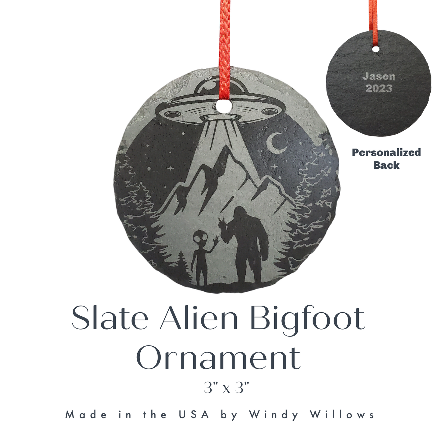 Alien Bigfoot Christmas Ornament | Personalized Rustic Slate  3" Extraterrestrial Spaceship