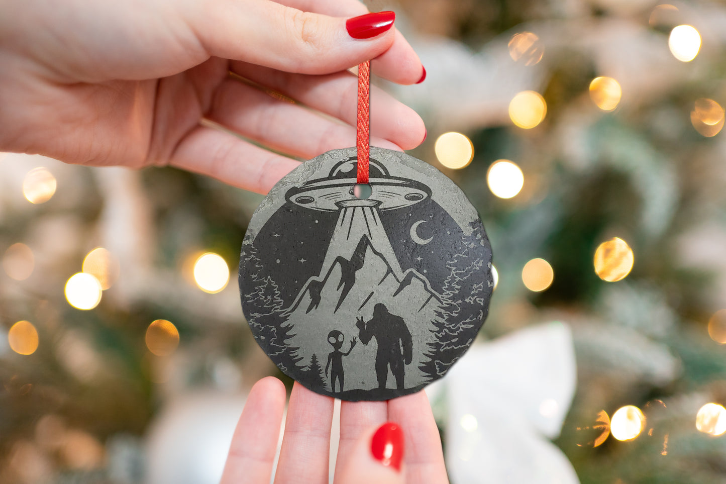 Alien Bigfoot Christmas Ornament | Personalized Rustic Slate  3" Extraterrestrial Spaceship