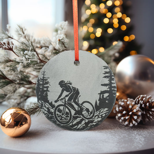 Female Mountain Bike Ornament | 3" MTB Adventure Ornament | Personalized Mountain Biking Christmas Slate Ornament | Bicycle