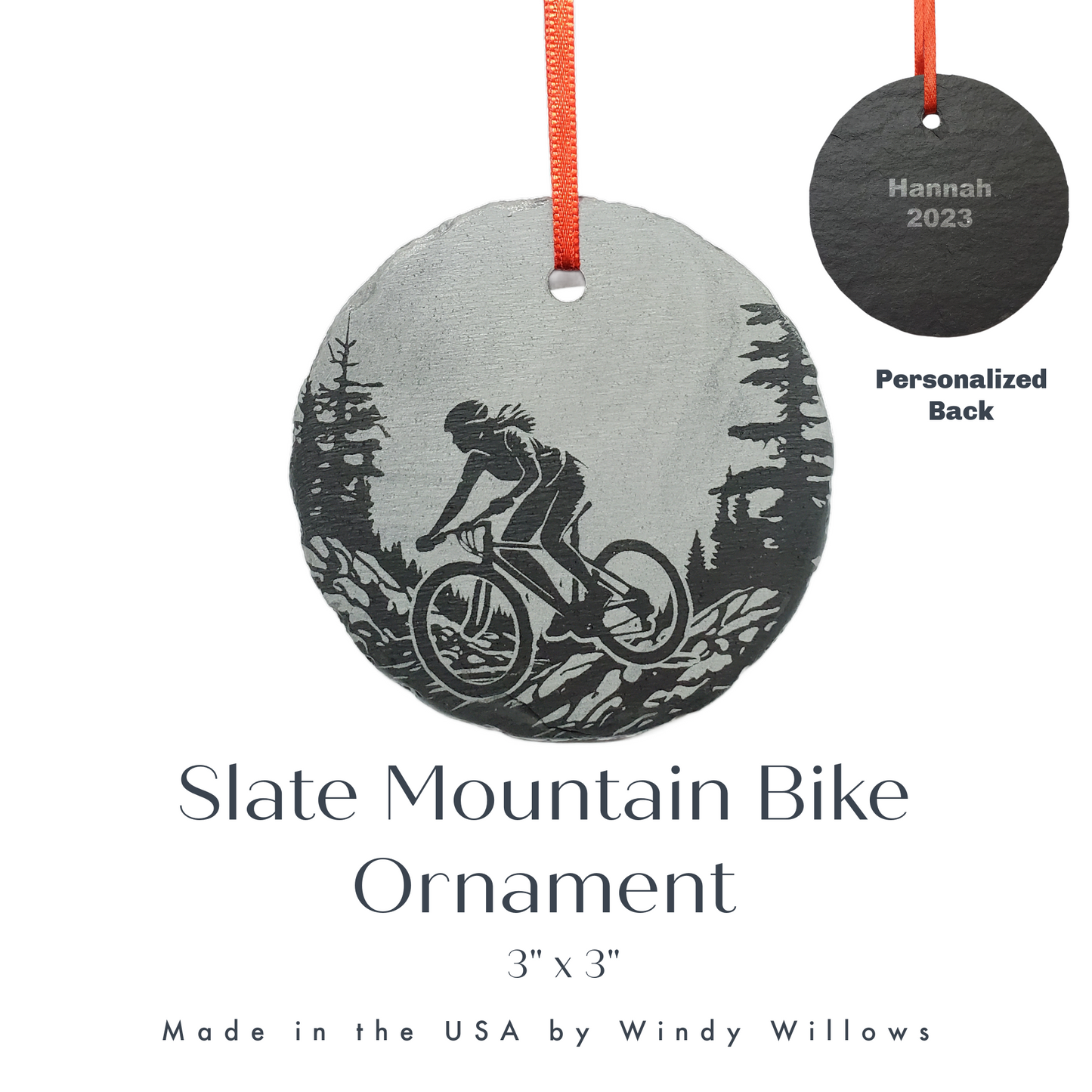 Female Mountain Bike Ornament | 3" MTB Adventure Ornament | Personalized Mountain Biking Christmas Slate Ornament | Bicycle