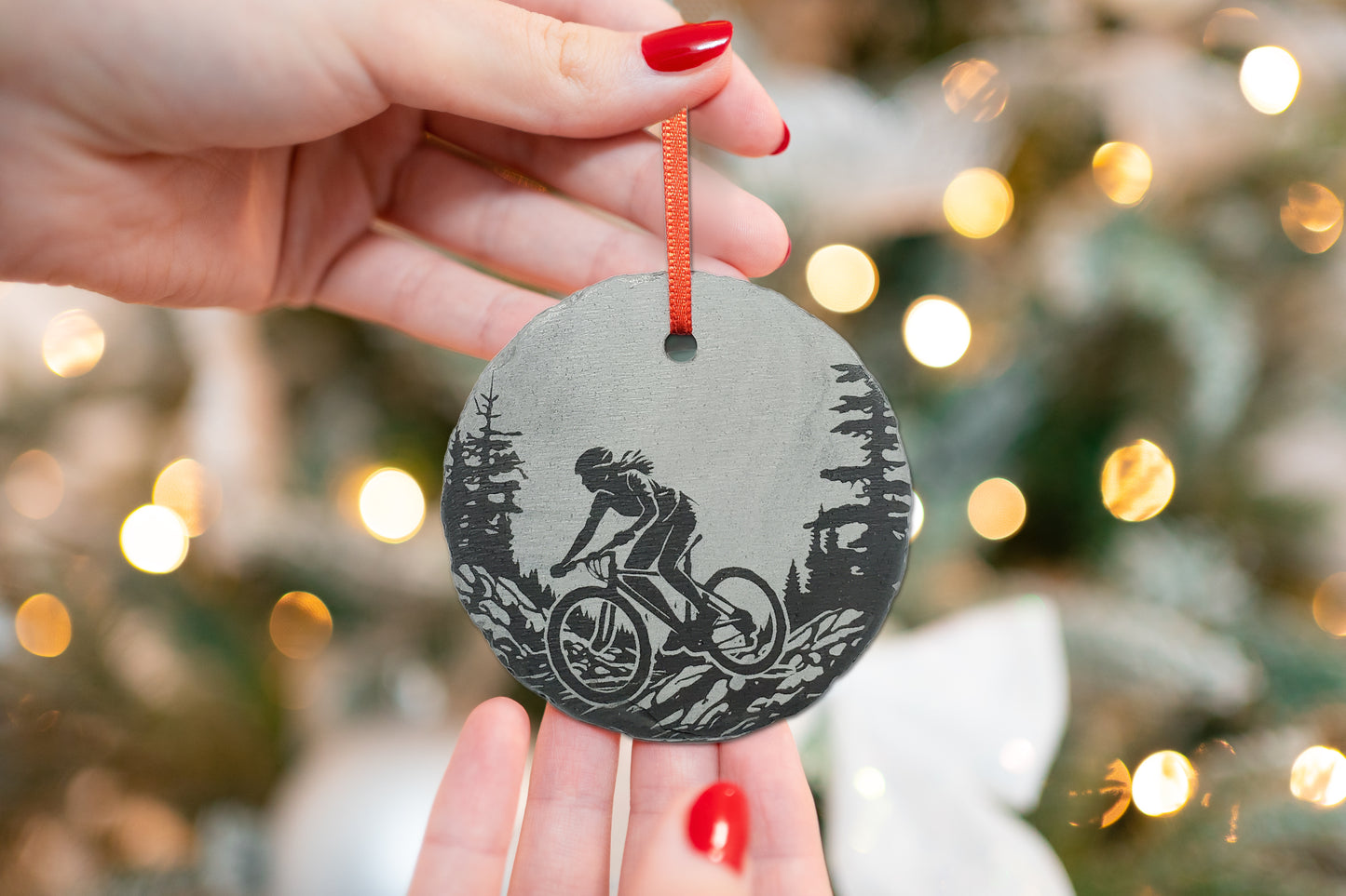 Female Mountain Bike Ornament | 3" MTB Adventure Ornament | Personalized Mountain Biking Christmas Slate Ornament | Bicycle