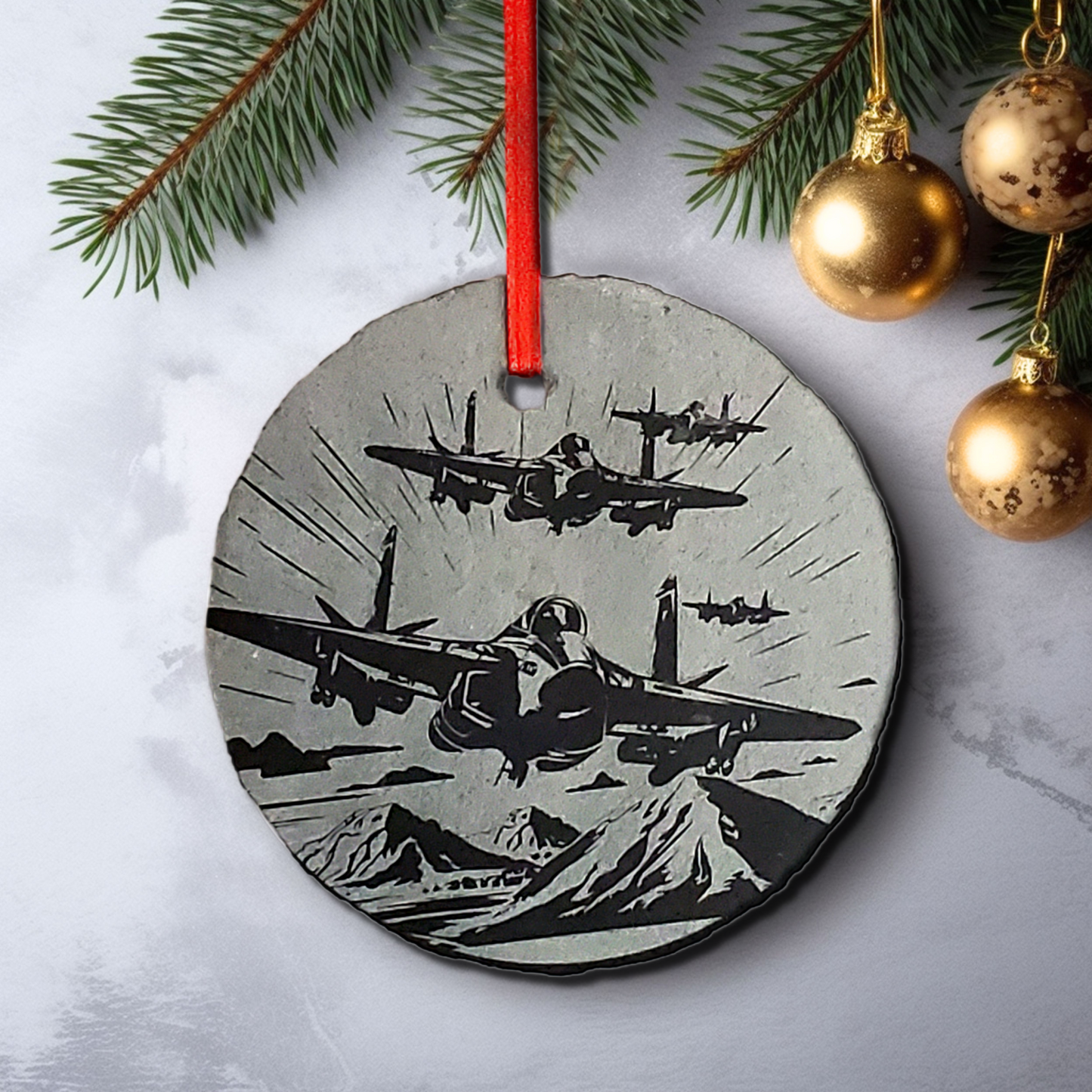 USA Patriotic Military Christmas Ornament | 3" Rustic Slate Air Force Fighter Jet