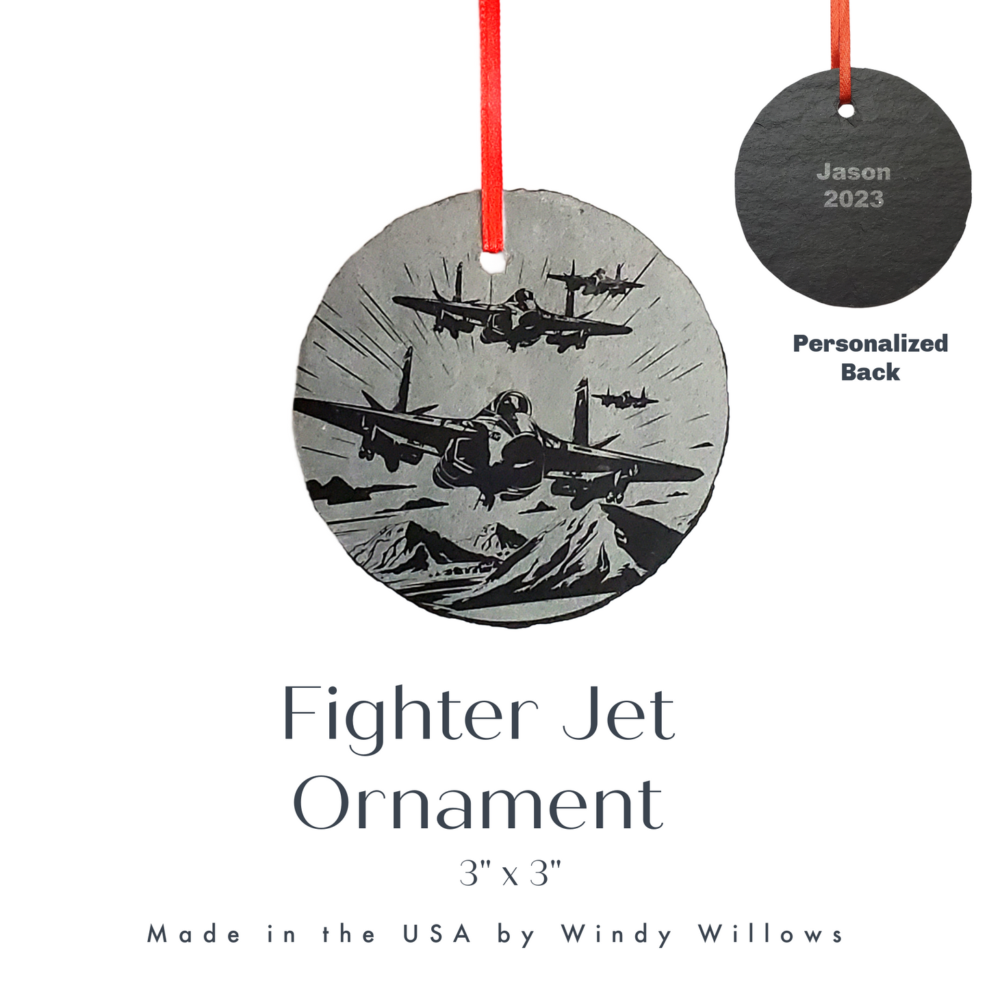 USA Patriotic Military Christmas Ornament | 3" Rustic Slate Air Force Fighter Jet