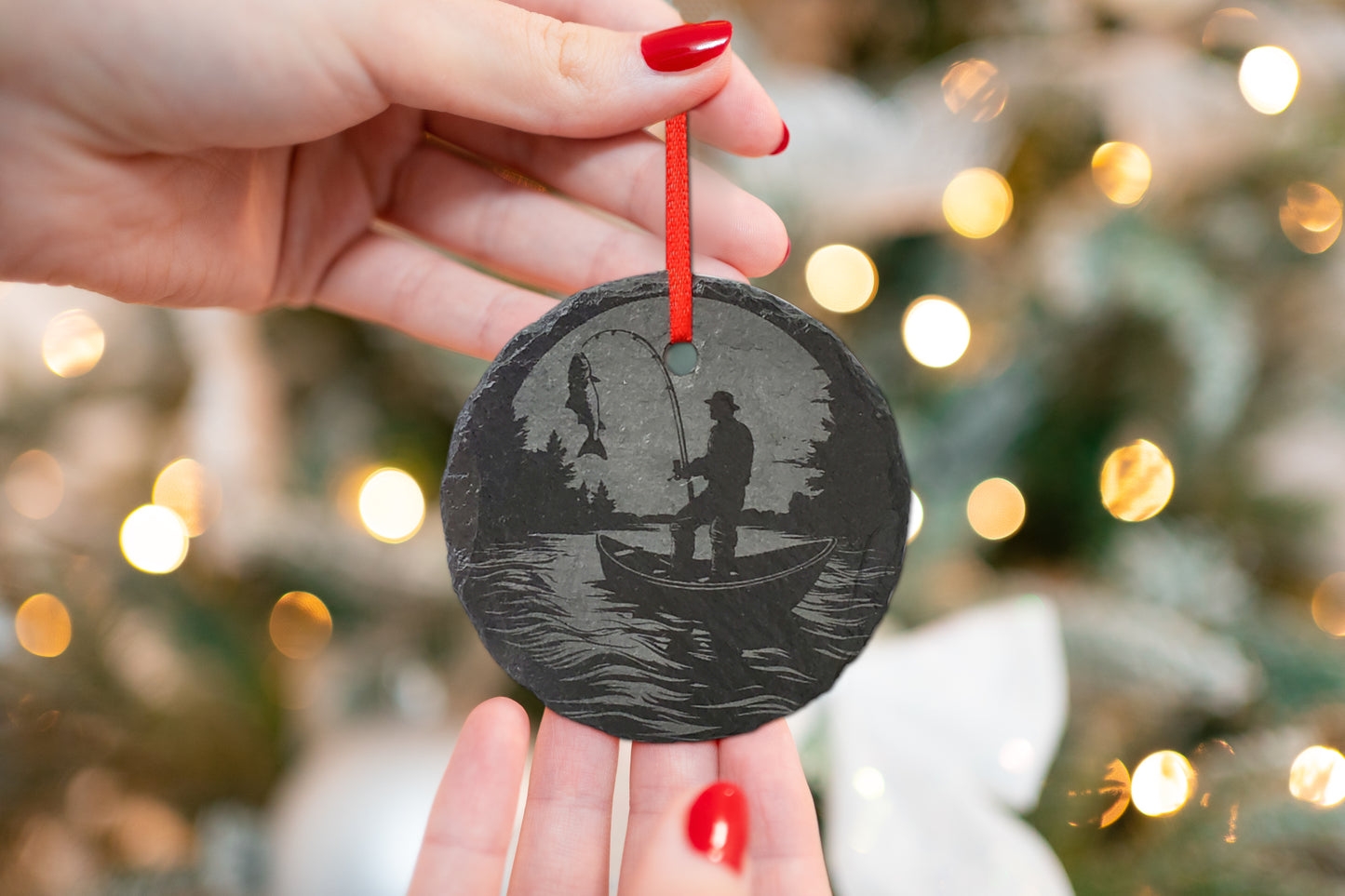 Fisherman Ornament | 3" Outdoorsman Adventure Ornament | Personalized  Fishing Rustic Christmas Slate Ornament