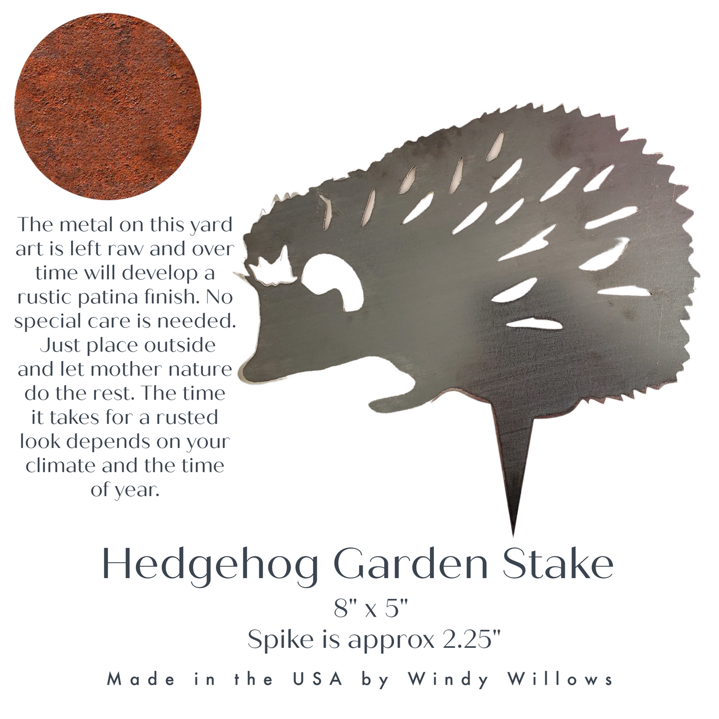 Metal Hedgehog Garden Stake | Rusty Garden Yard Art | Cute Hedgehog Gift