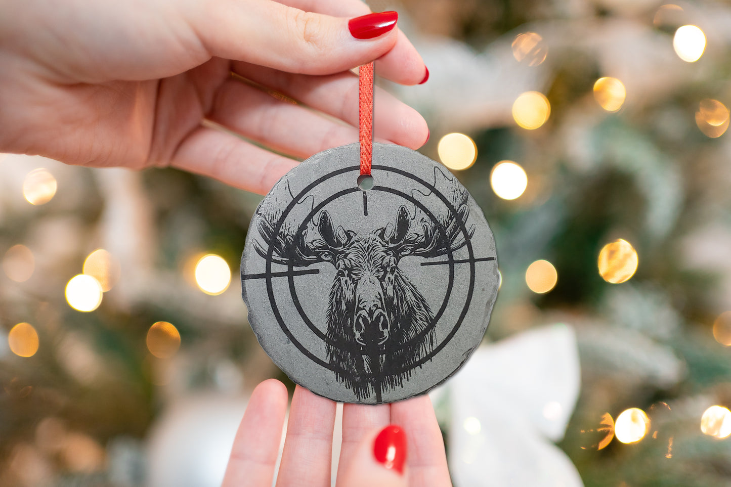 Moose Hunting Ornament | 3" First Moose Sportsman Ornament | Personalized Rustic Christmas Slate | Custom  Moose Hunter Crosshairs