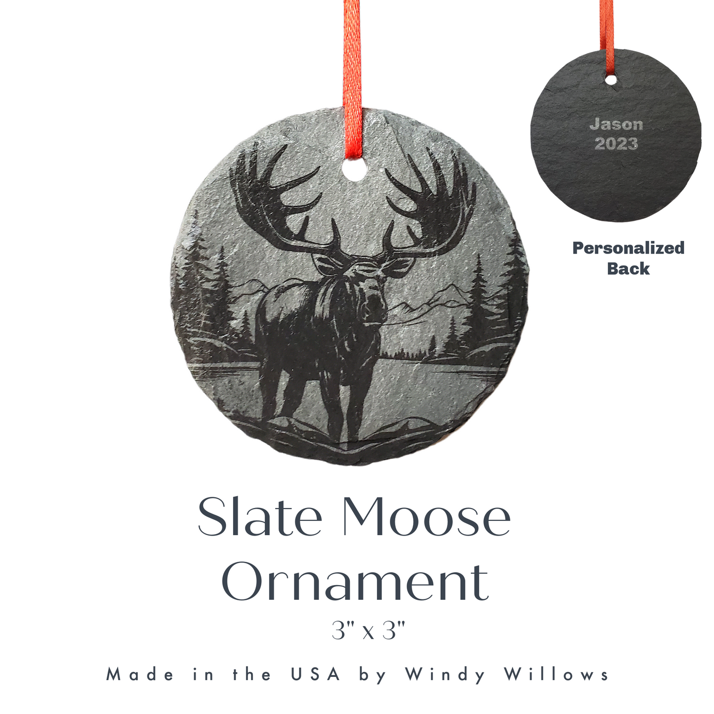 Moose Lake Ornament | 3" Maine Nature Ornament | Personalized  Rustic Christmas Slate Bird Ornament