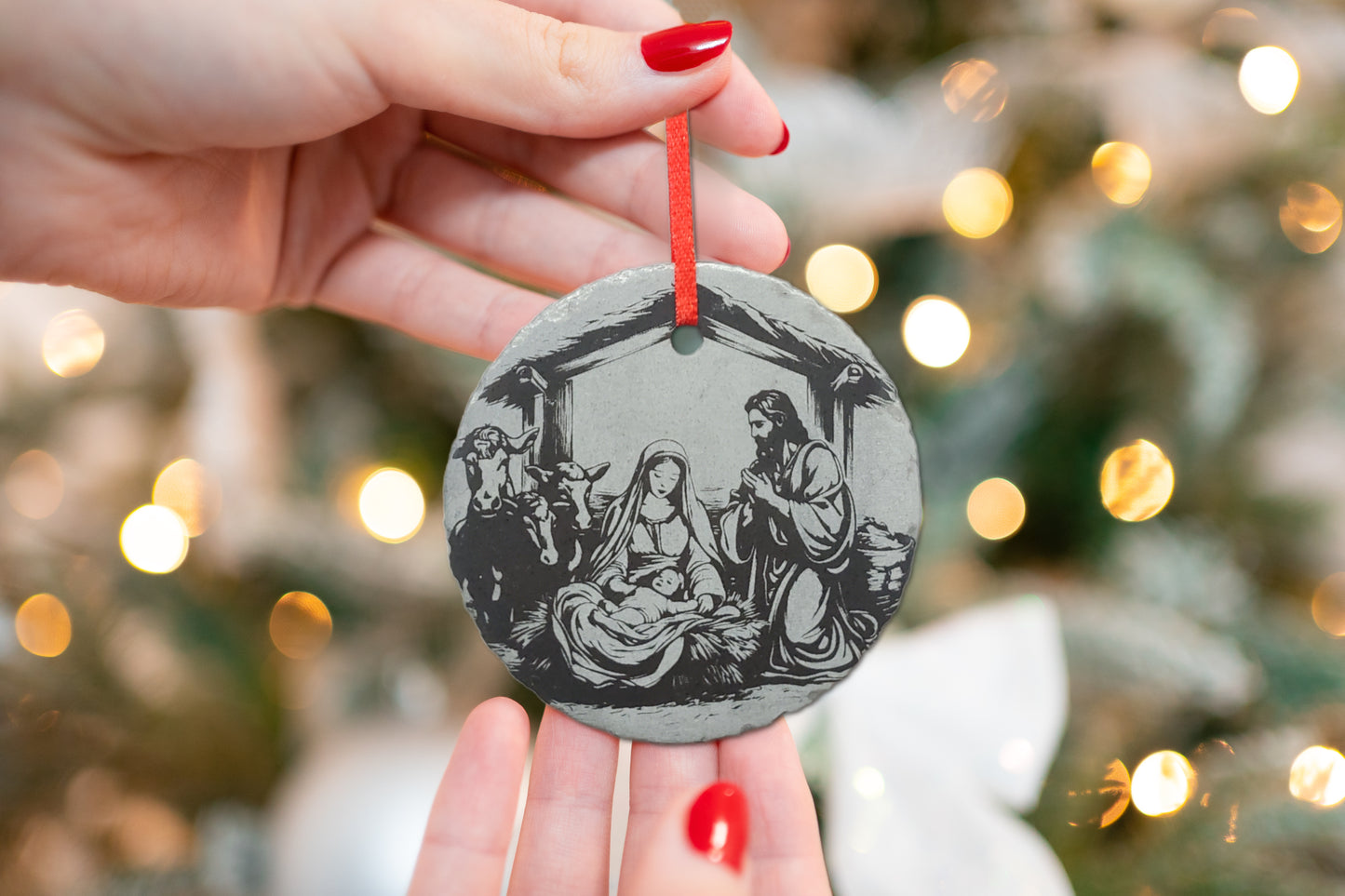 Holy Family Nativity Ornament | 3" Slate Christmas Decoration| Personalized Christian| Custom Mary Joseph Jesus Catholic Ornaments