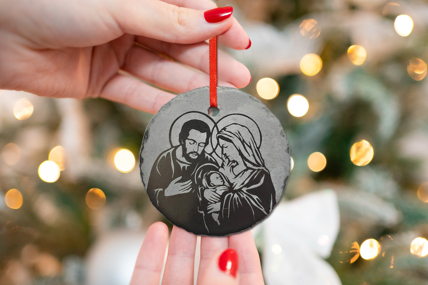 Holy Family Nativity Ornament | 3" Slate Christmas Decoration| Personalized Christian| Custom Mary Joseph Jesus Catholic Ornaments