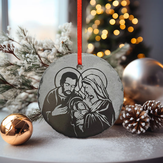 Holy Family Nativity Ornament | 3" Slate Christmas Decoration| Personalized Christian| Custom Mary Joseph Jesus Catholic Ornaments