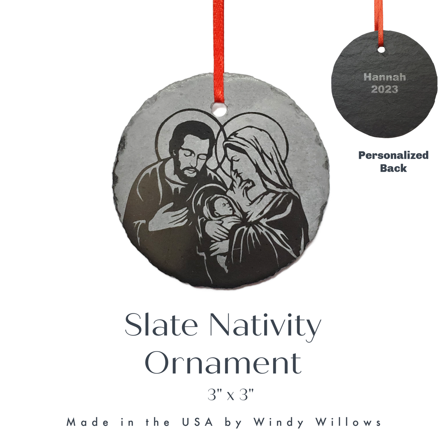 Holy Family Nativity Ornament | 3" Slate Christmas Decoration| Personalized Christian| Custom Mary Joseph Jesus Catholic Ornaments