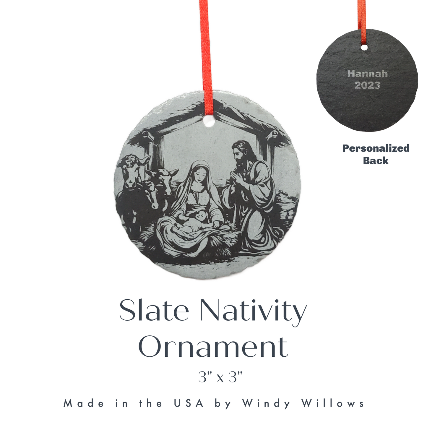 Holy Family Nativity Ornament | 3" Slate Christmas Decoration| Personalized Christian| Custom Mary Joseph Jesus Catholic Ornaments