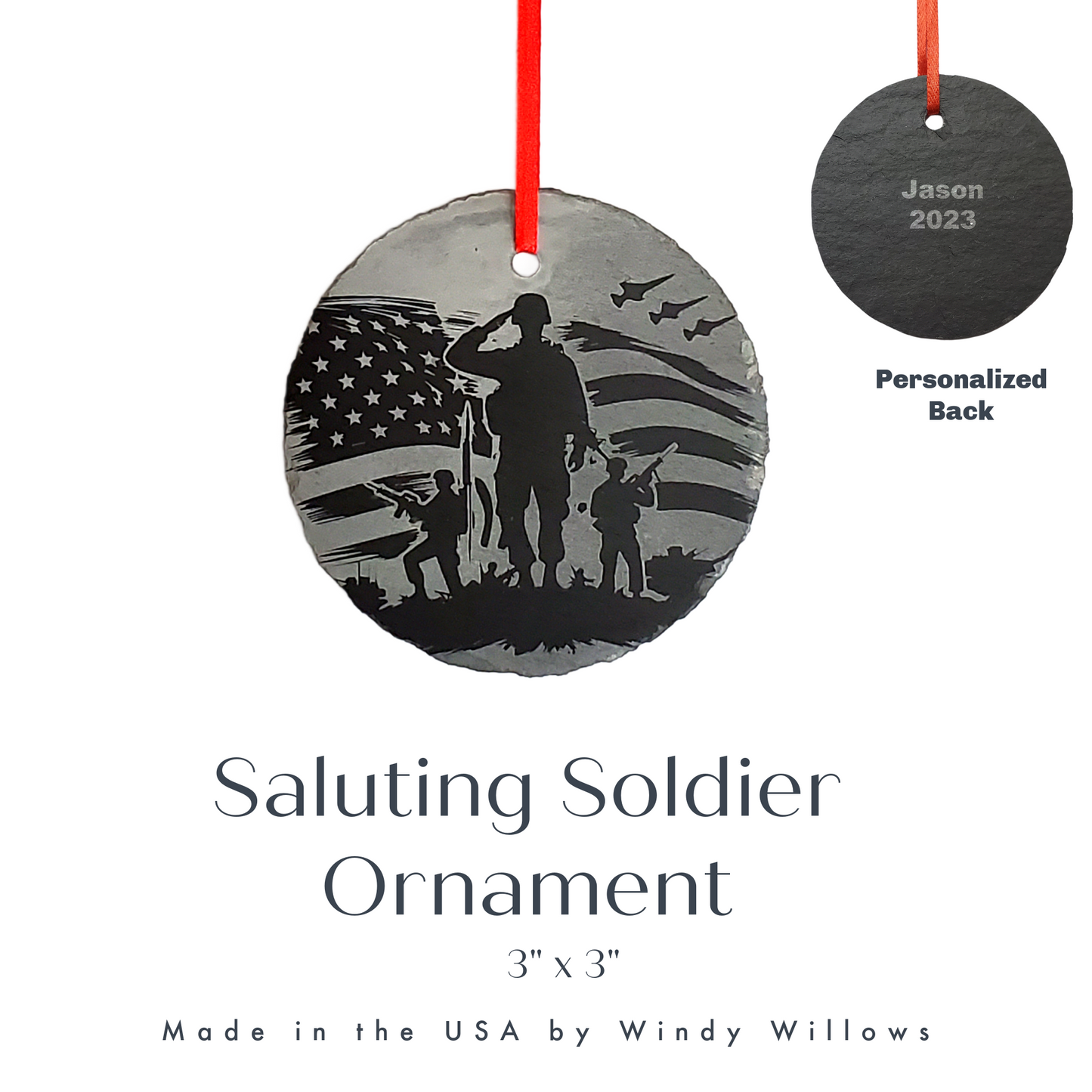 USA Patriotic Military Christmas Ornament | 3" Rustic Slate Saluting Soldier