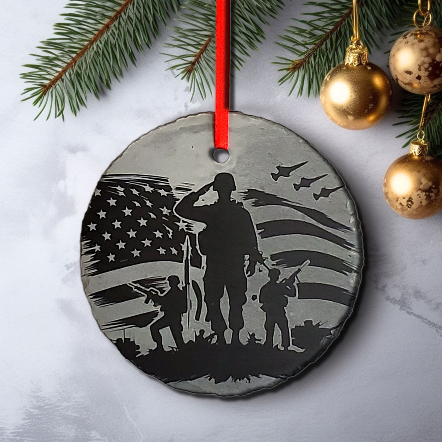 USA Patriotic Military Christmas Ornament | 3" Rustic Slate Saluting Soldier