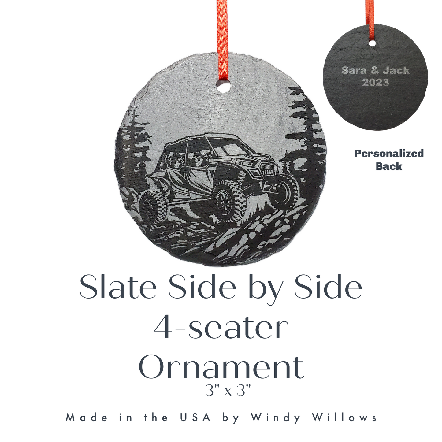 Side by Side Offroad Ornament | 3" 4 Seat UTV Sport Utility Christmas Ornament SxS | Personalized Christmas Slate Ornament | Polaris RZR ATV