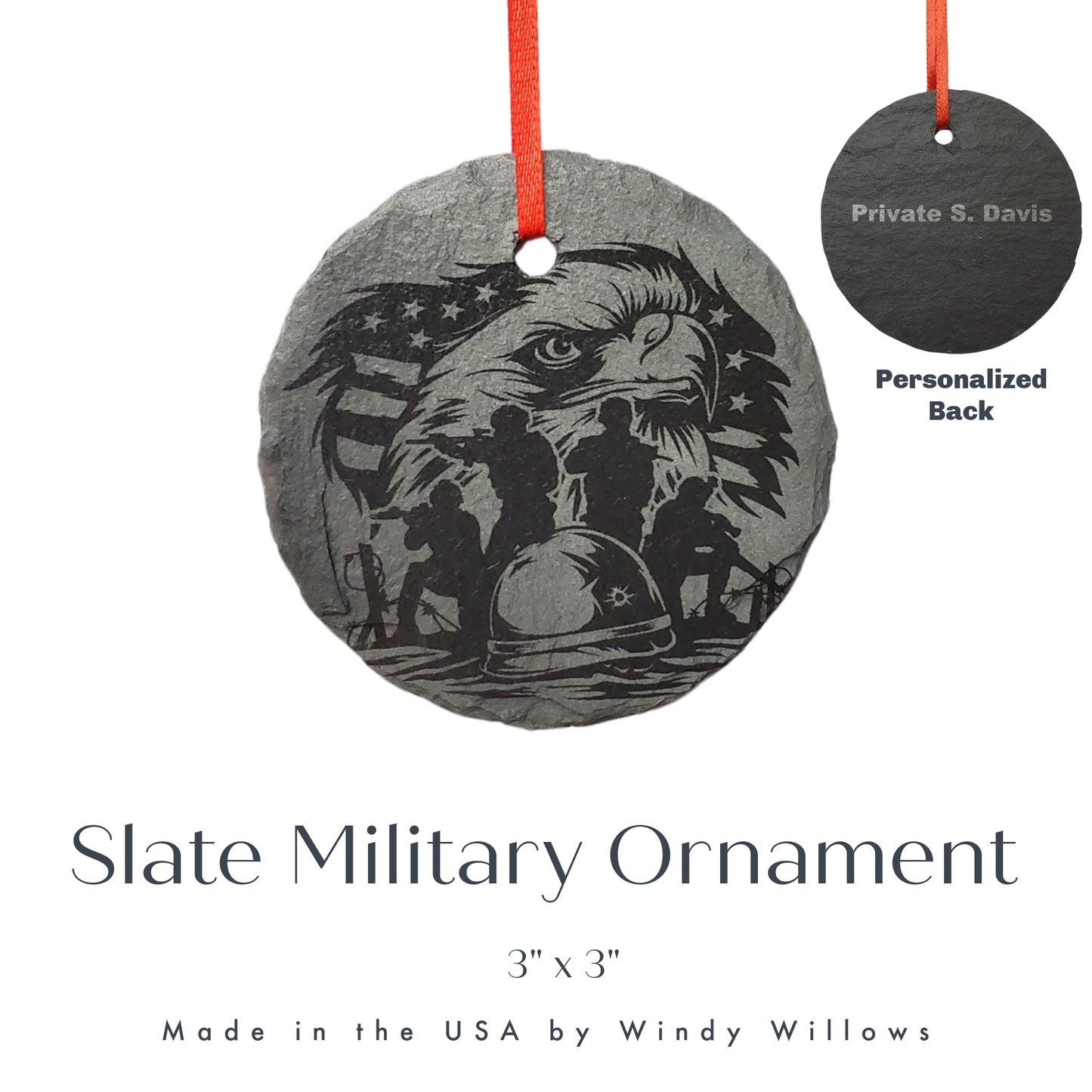 USA Patriotic Military Ornament | 3" Patriotic Soldier Ornament | Rustic Slate Christmas | Army Navy Marines Air Force Notional Guard