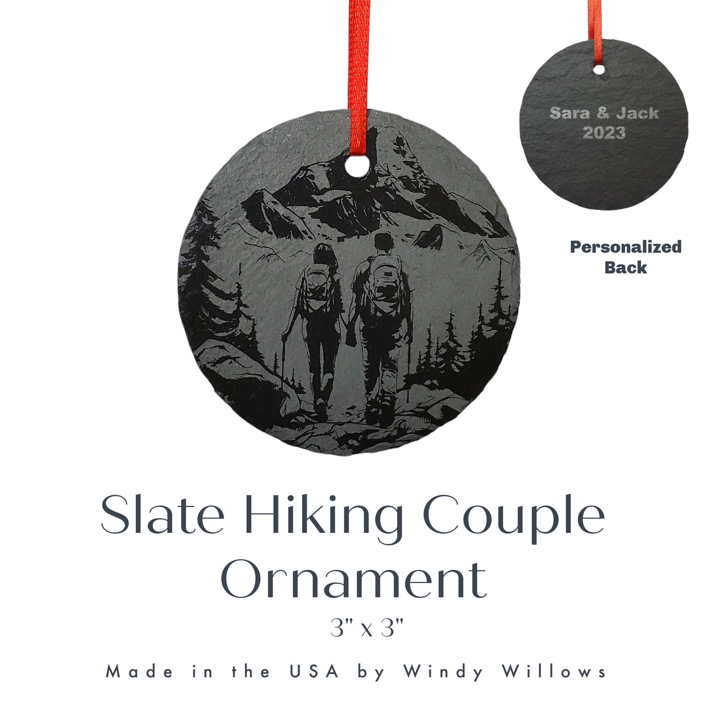 Couples Hiking Ornament | 3" Backpacking Adventure Ornament | Personalized Rustic Christmas Slate Couple Anniversary Gift Husband Wife