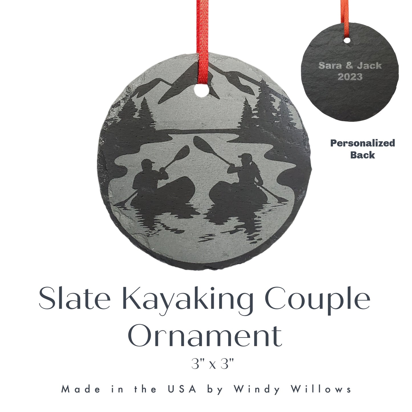 Couples Kayaking Ornament | 3" Kayak Adventure Ornament | Personalized Rustic Christmas Slate Couple Anniversary Gift Husband Wife