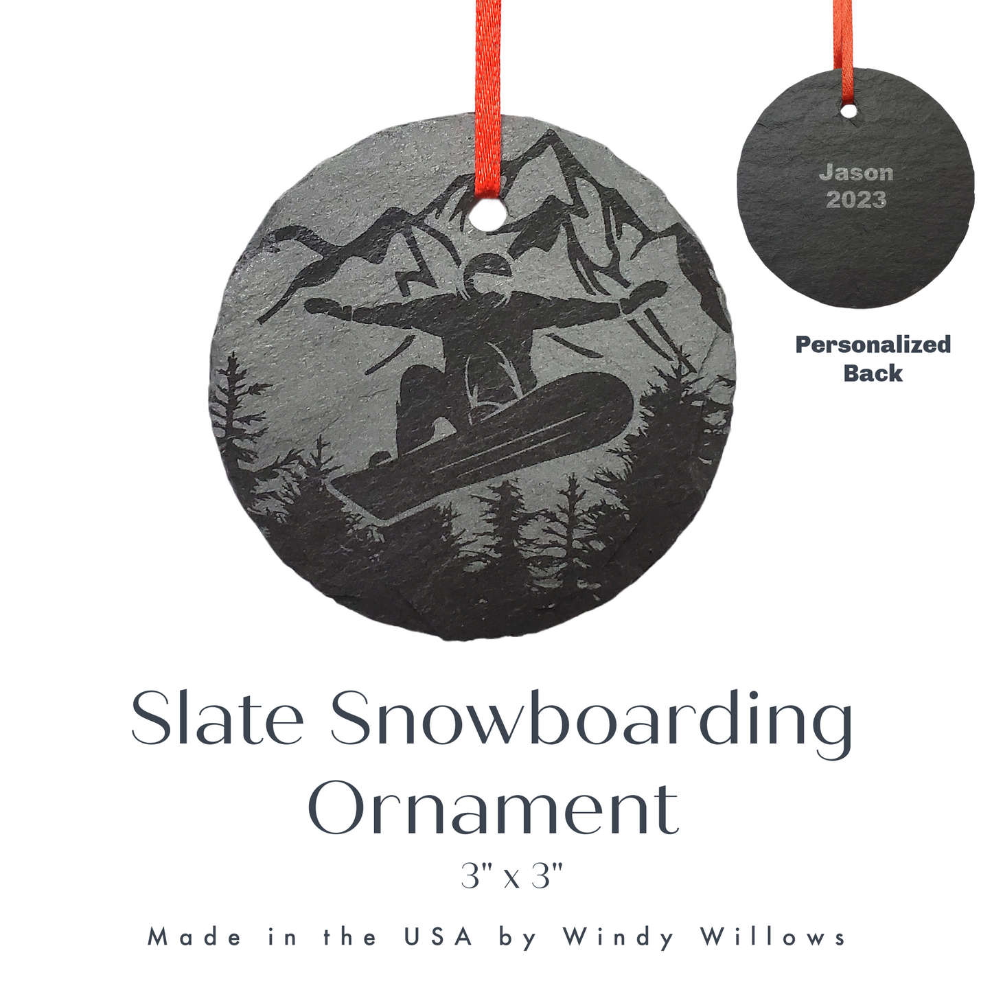 Snowboarding Ornament | 3" Snowboard Adventure Ornament | Personalized Rustic Christmas Slate Ornament