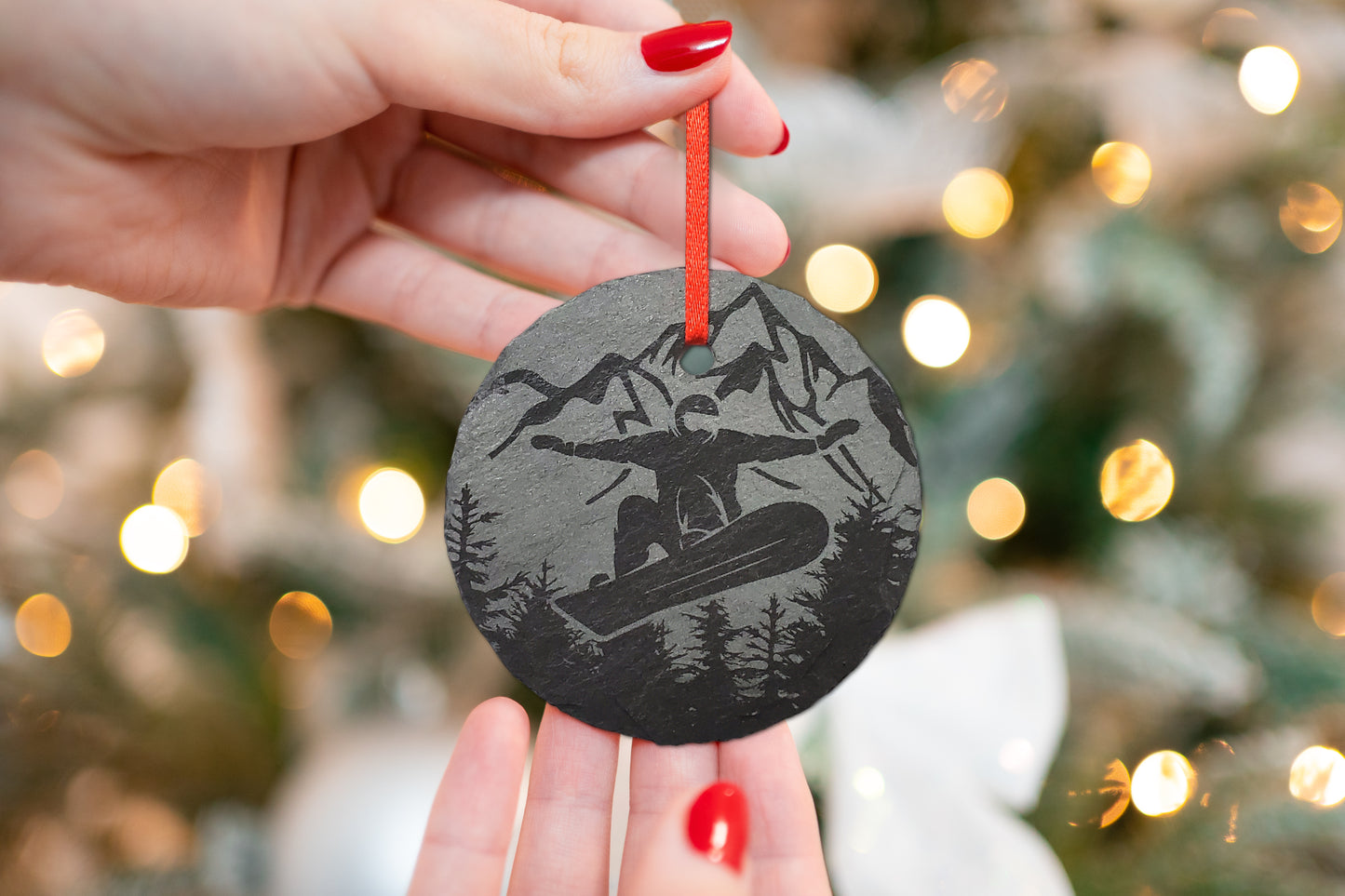 Snowboarding Ornament | 3" Snowboard Adventure Ornament | Personalized Rustic Christmas Slate Ornament