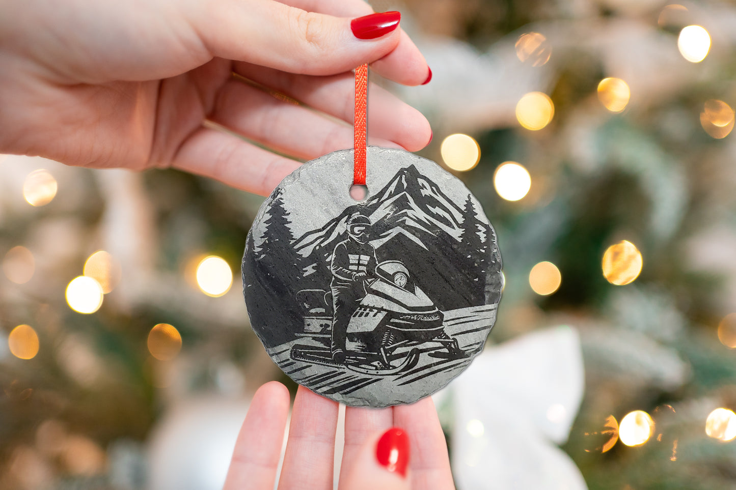 Snowmobile Ornament | 3" Winter Snowmobiler Ornament | Personalized Rustic Christmas Slate Snowmobiling Decoration Custom Winter Sports gift