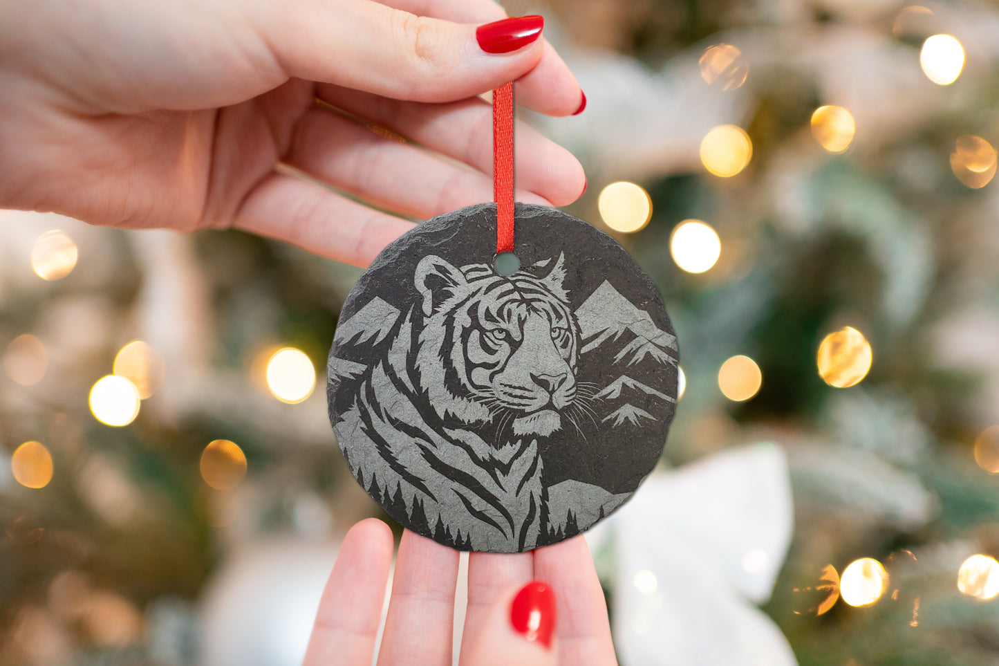 Tiger Ornament | 3" White Siberian Tiger Ornament | Personalized Christmas Slate Wild Animal Ornament  | Custom Woodland Nature Decoration