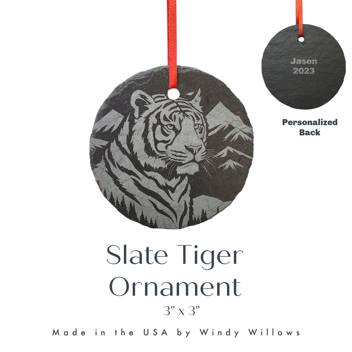 Tiger Ornament | 3" White Siberian Tiger Ornament | Personalized Christmas Slate Wild Animal Ornament  | Custom Woodland Nature Decoration