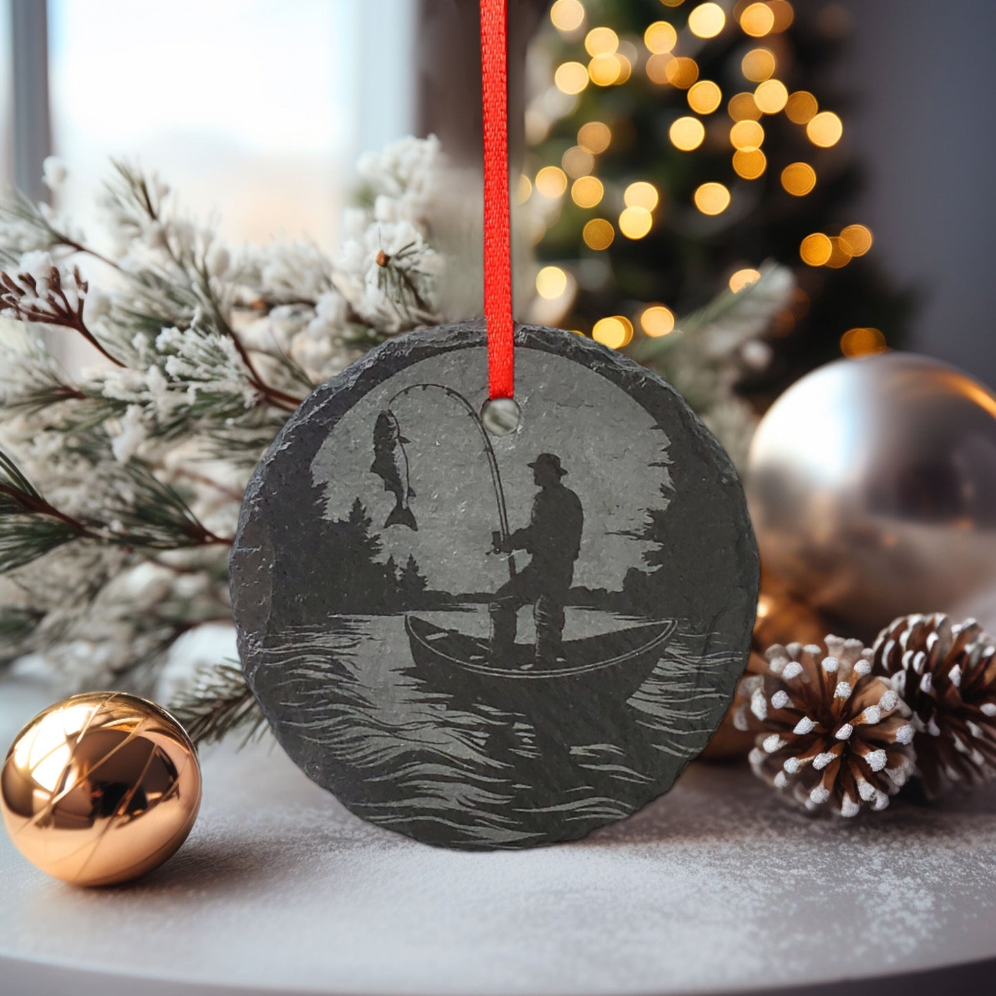 Fisherman Ornament | 3" Outdoorsman Adventure Ornament | Personalized  Fishing Rustic Christmas Slate Ornament