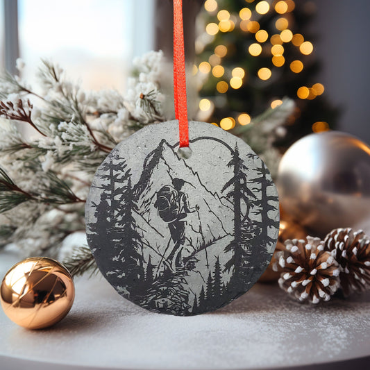 Woman Hiking Ornament | 3" Backpacking Custom Adventure Ornament | Personalized Rustic Christmas Slate Decoration | Custom Nature Lover gift