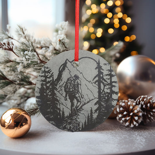 Man Hiking Ornament | 3" Backpacking Custom Adventure Ornament | Personalized Rustic Christmas Slate Decoration | Custom Nature Lover gift