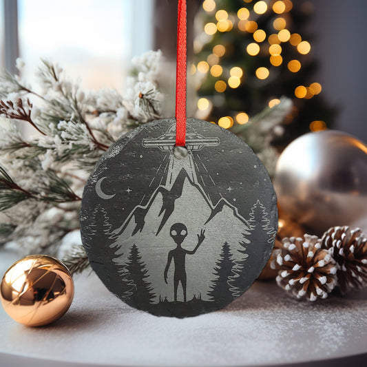 Alien UFO Rustic Slate Christmas Ornament | 3" Extraterrestrial Spaceship Ornament