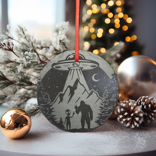 Alien Bigfoot Christmas Ornament | Personalized Rustic Slate  3" Extraterrestrial Spaceship