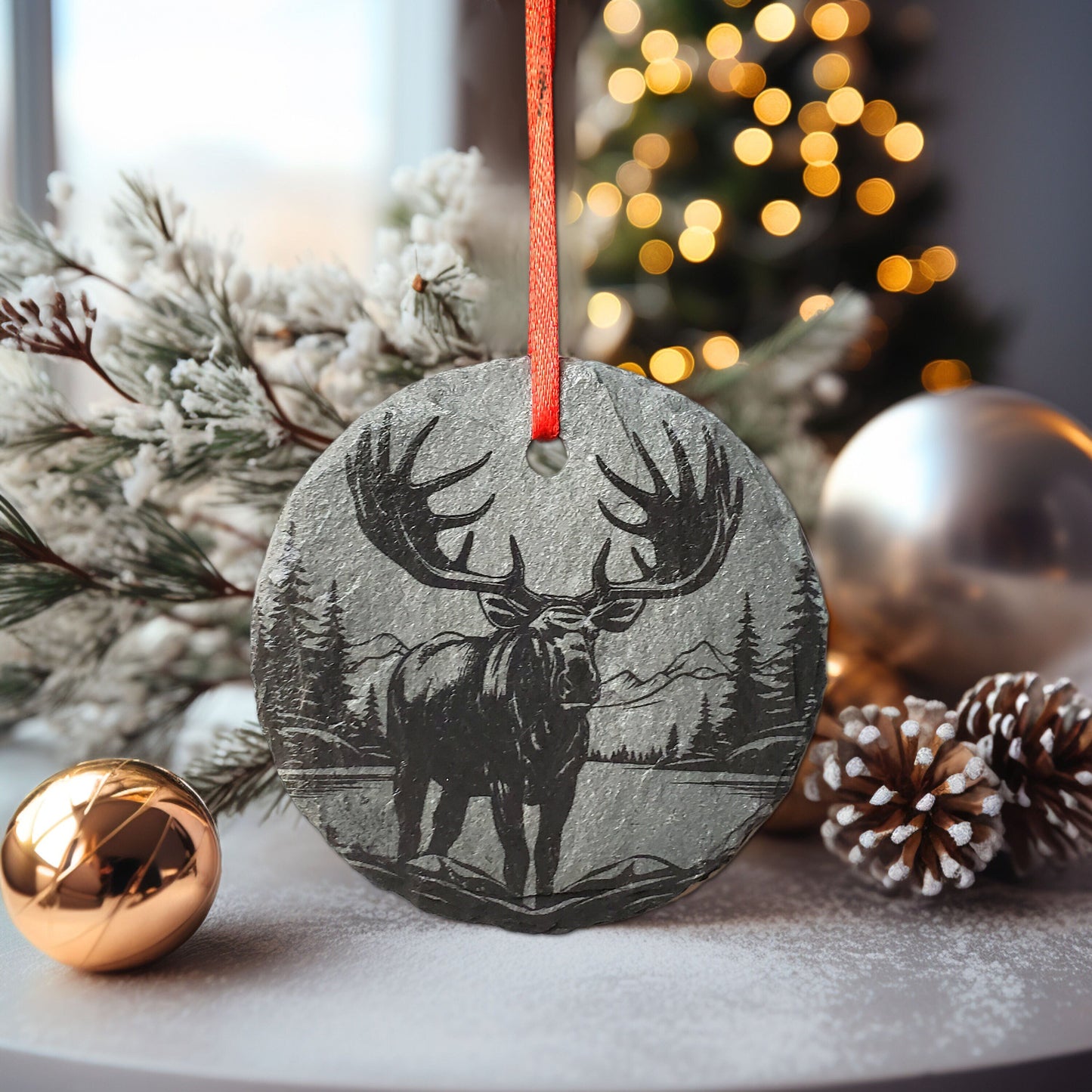 Moose Lake Ornament | 3" Maine Nature Ornament | Personalized  Rustic Christmas Slate Bird Ornament