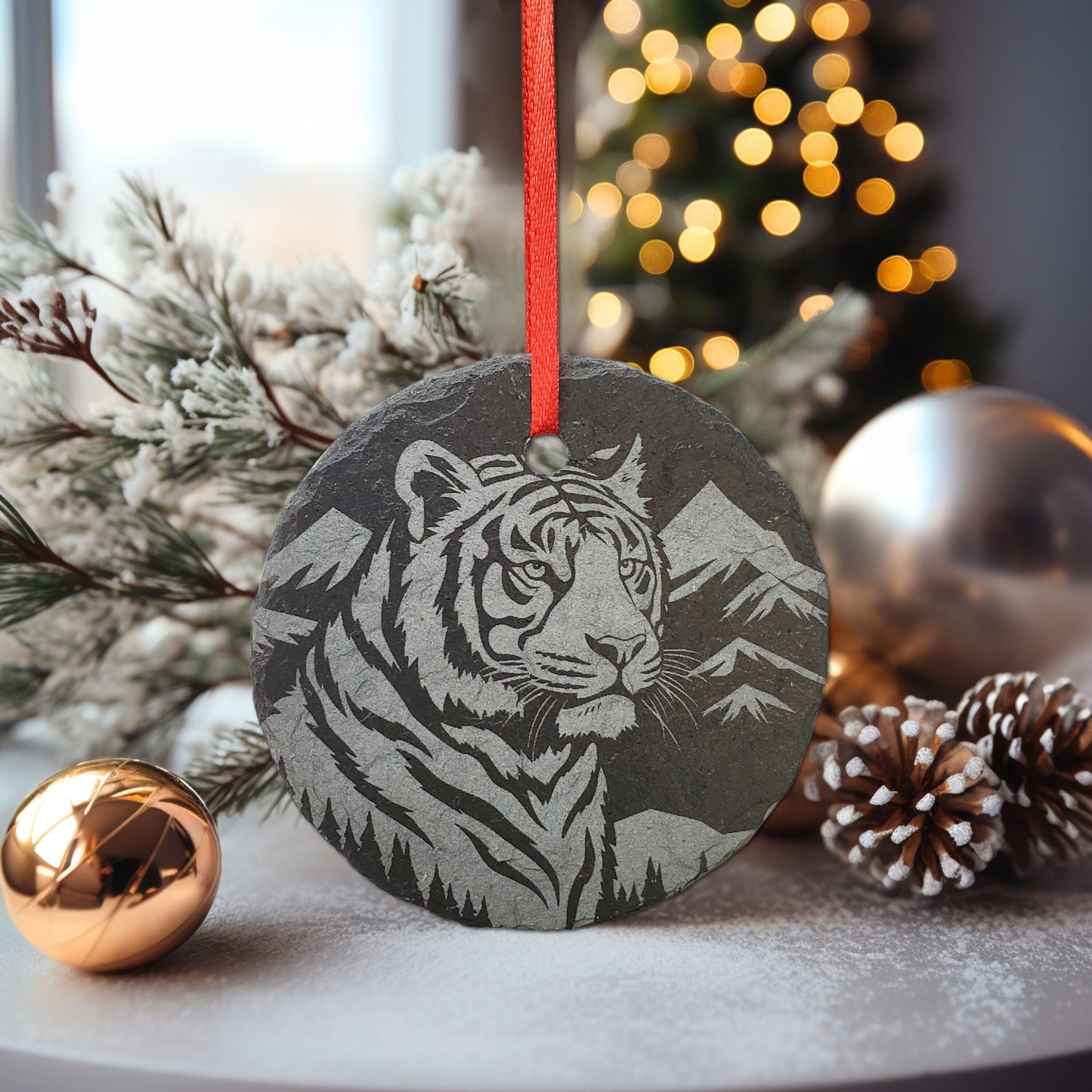 Tiger Ornament | 3" White Siberian Tiger Ornament | Personalized Christmas Slate Wild Animal Ornament  | Custom Woodland Nature Decoration