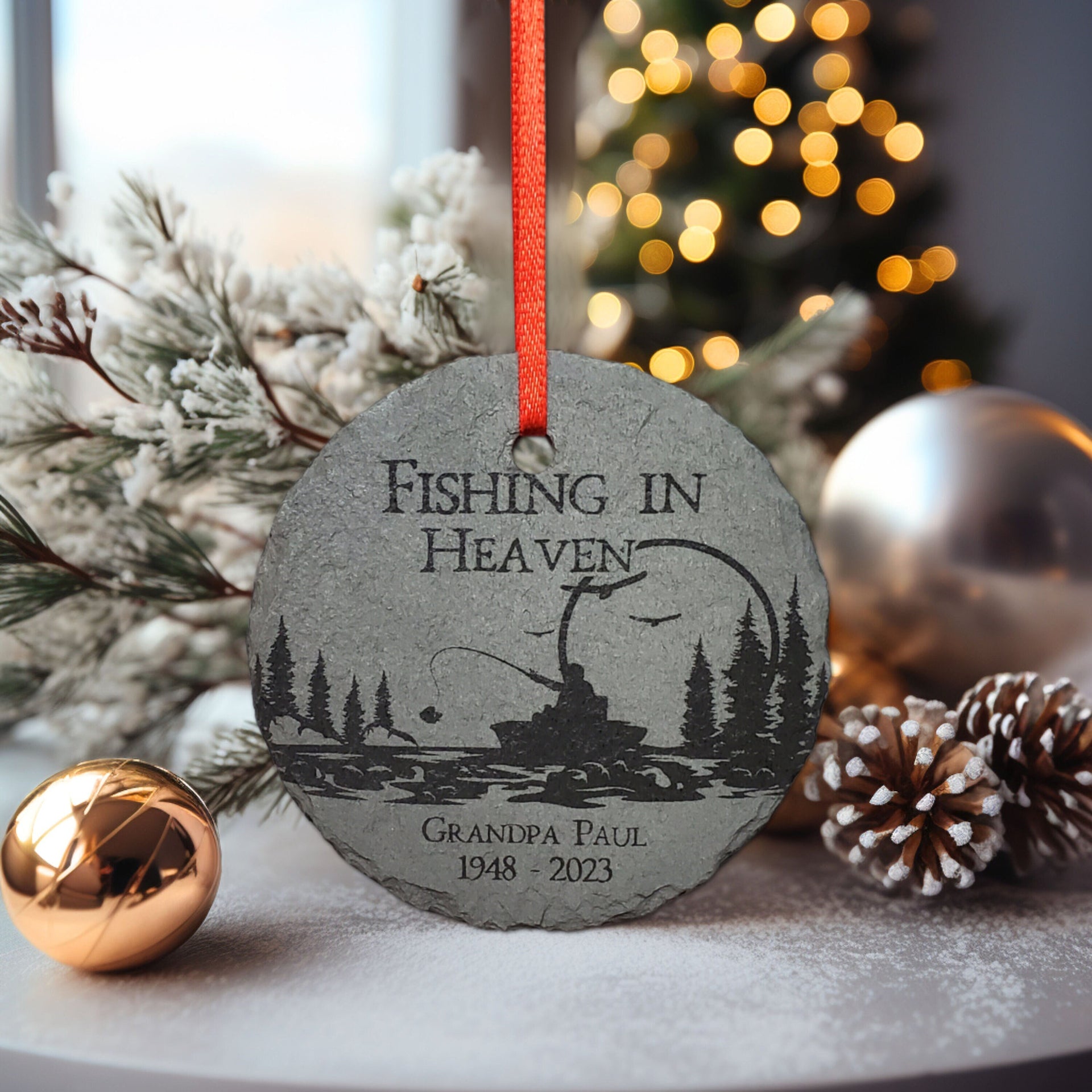 Fishing in Heaven Memorial Christmas Ornament 3 Personalized Fisherman  Sympathy Gift Loss of Dad Grandpa 