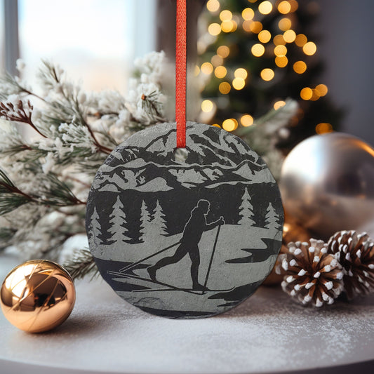 Cross Country Skiing Ornament | 3" Winter Snow Skier Ornament | Personalized Rustic Christmas Slate Decoration Custom Nature Lover gift