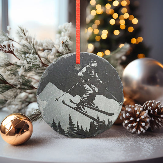 Downhill Skiing Ornament | 3" Winter Snow Skier Ornament | Personalized Rustic Christmas Slate Ski Decoration Custom Nature Lover gift