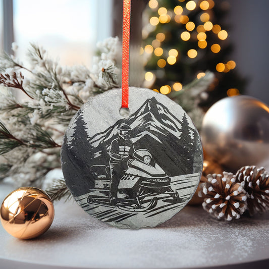 Snowmobile Ornament | 3" Winter Snowmobiler Ornament | Personalized Rustic Christmas Slate Snowmobiling Decoration Custom Winter Sports gift