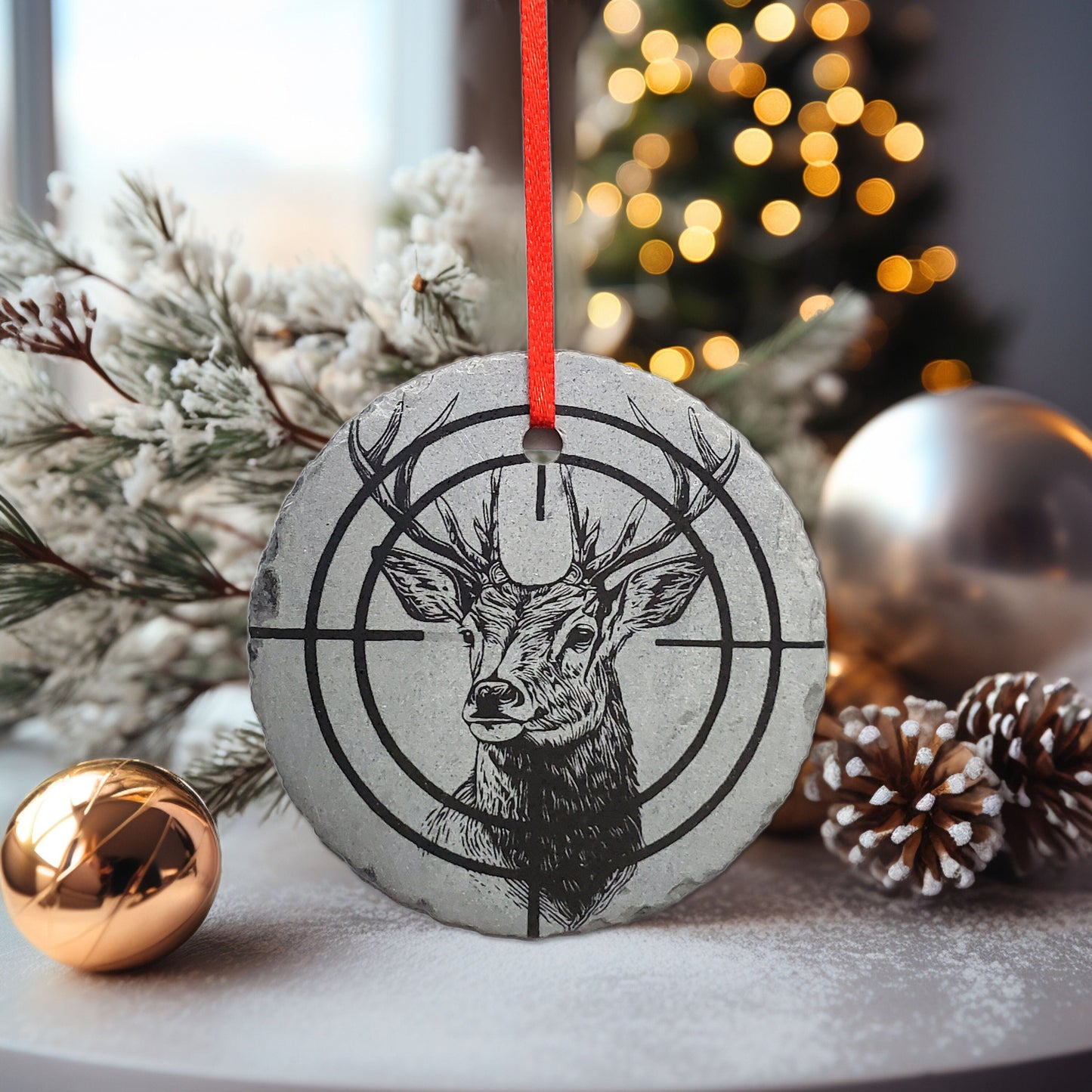 Deer Hunting Ornament | 3" First Buck Sportsman Ornament | Personalized Rustic Christmas Slate | Custom  Deer Hunter Crosshairs