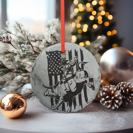 Bull Riding Rodeo Ornament | 3" Custom Cowboy Ornament | Personalized Christmas Slate Ornament Gift tag Western Christmas