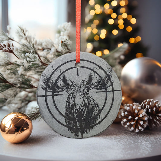 Moose Hunting Ornament | 3" First Moose Sportsman Ornament | Personalized Rustic Christmas Slate | Custom  Moose Hunter Crosshairs