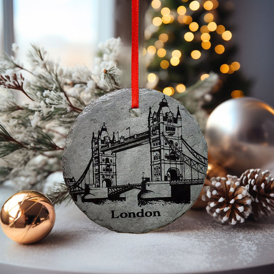 London Bridge Ornament | 3" England Ornament | Personalized Rustic Christmas Slate Decoration | Custom Europe Travel Ornaments