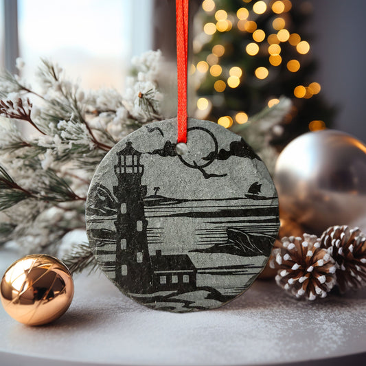 Lighthouse Ornament | 3" New England Ornament | Personalized Rustic Christmas Slate Decoration | Custom Maine Travel Ornaments