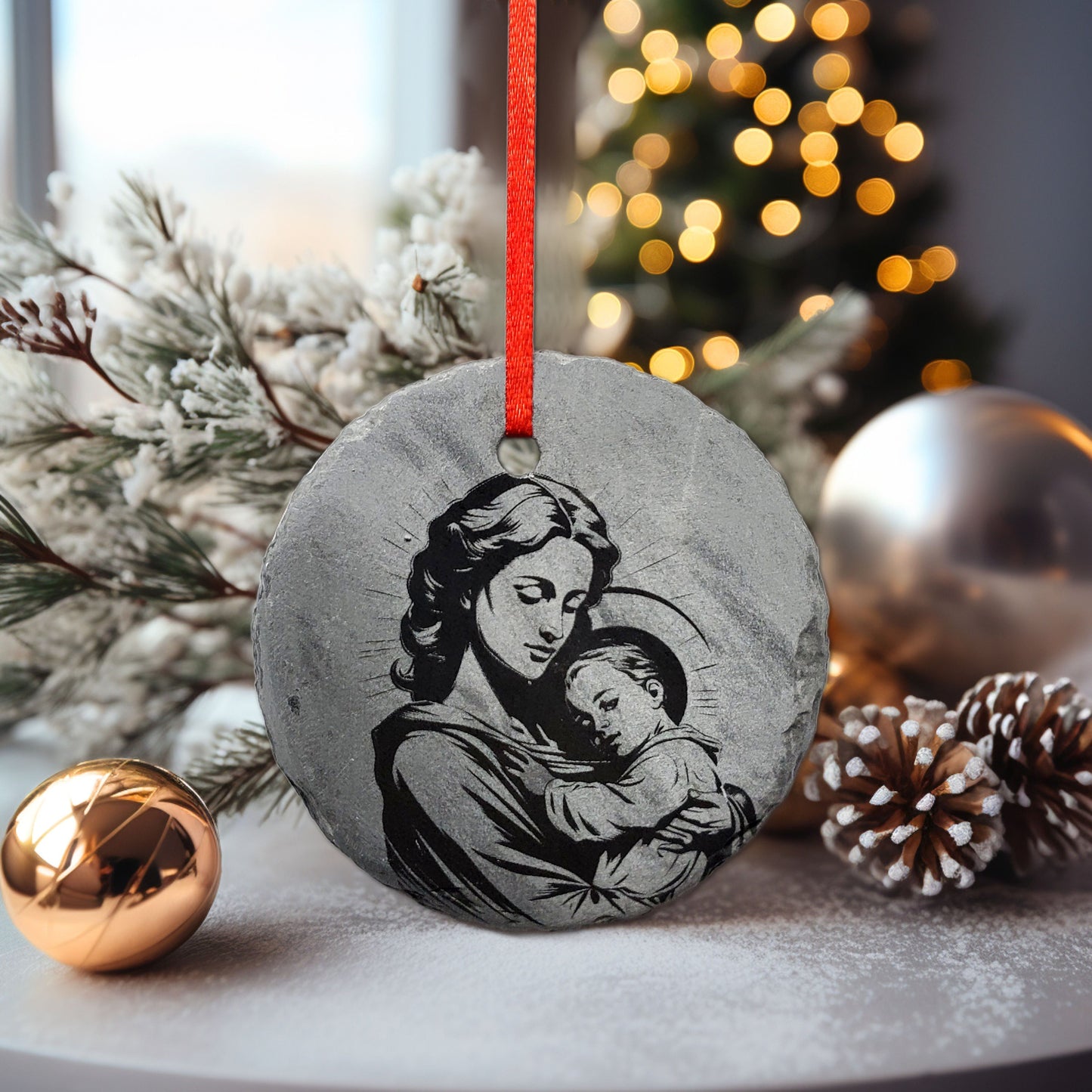 Holy Family Nativity Ornament | 3" Slate Christmas Decoration| Personalized Christian| Custom Mary  Jesus Catholic Ornaments