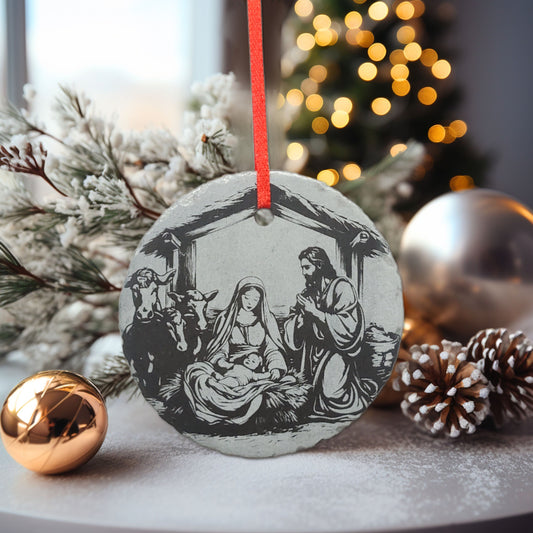 Holy Family Nativity Ornament | 3" Slate Christmas Decoration| Personalized Christian| Custom Mary Joseph Jesus Catholic Ornaments