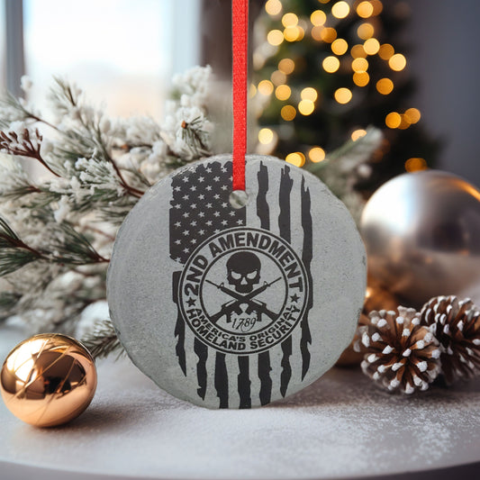 USA Patriotic 2nd Amendment Ornament | 3" 2A Ornament | Rustic Slate Christmas | Army Navy Marines Air Force Notional Guard